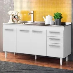 Balcão Gabinete com Pia Inox 150cm Lisboa Branco - Lumil Móveis