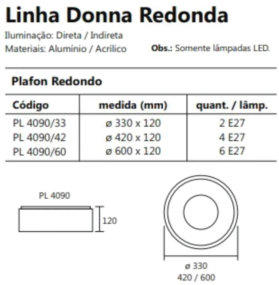 Plafon De Sobrepor Redondo Donna Ø42X12Cm 4Xe27 / Metal E Acrilico | U... (PT - Preto Texturizado)