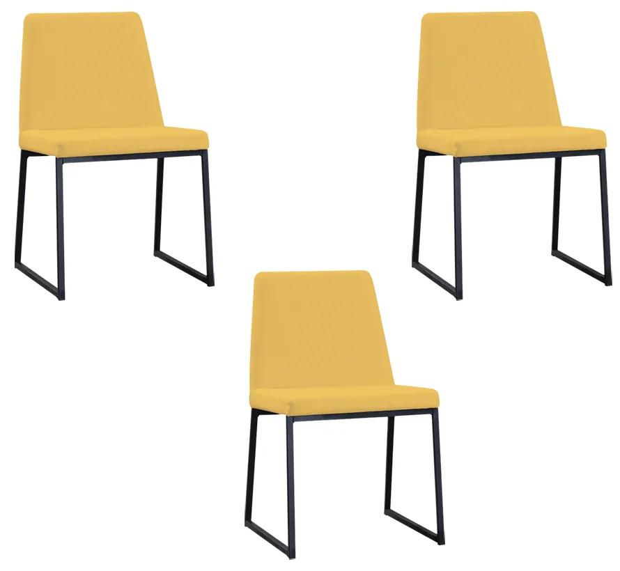 Kit 3 Cadeiras de Jantar Decorativa Base Aço Preto Javé Linho Amarelo G17 - Gran Belo