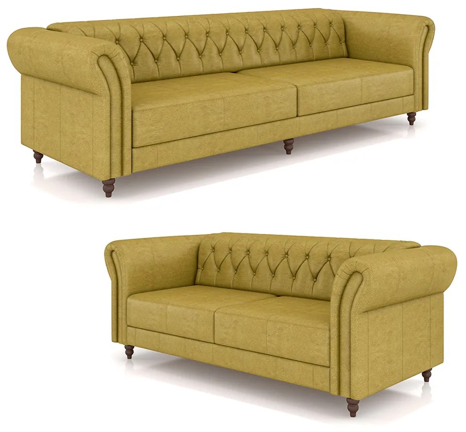 Conjunto de Sofá Sala de Estar Stanford Chesterfield 2 e 3 Lugares 200cm/240cm Pés Madeira Couro Bege Manchado G58 - Gran Belo