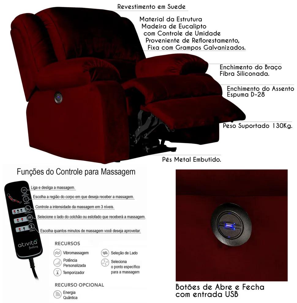Poltrona do Papai Reclinável Elétrica com Massagem e USB Magnum Veludo Vinho G23 - Gran Belo