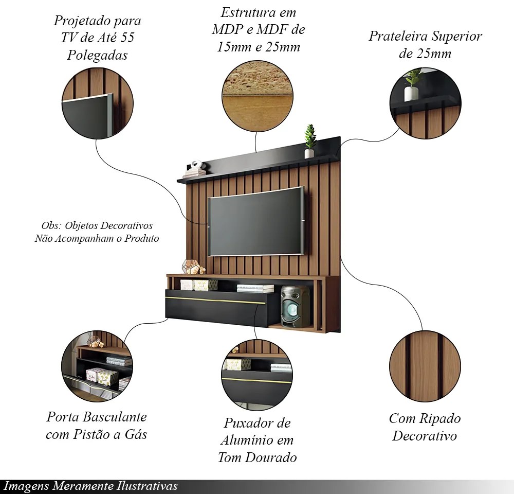 Painel Suspenso Decorativo Stesso Ripado para TV até 55 Polegadas Castanho/Preto G26 - Gran Belo