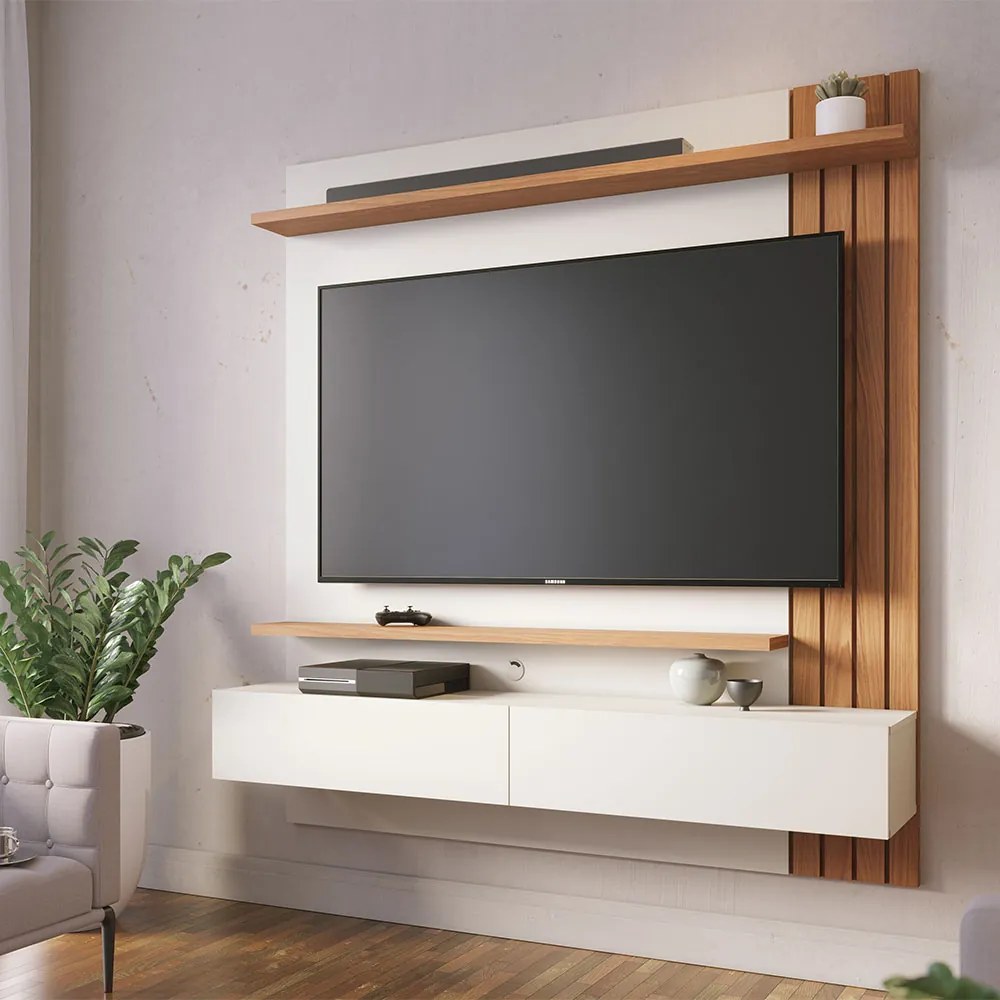 Painel TV 65 Pol 150cm Bancada Suspensa Ripado Luca C04 - D'Rossi - Off White Matte e Freijó