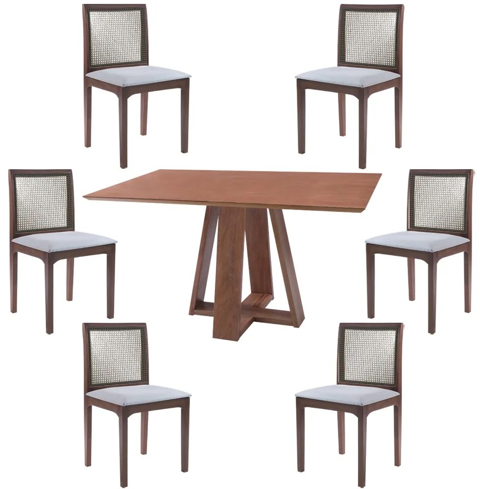 Conjunto Mesa Shell com Tampo Amadeirado 160x90 cm e 6 Cadeiras Steve Amêndoa G55 - Gran Belo