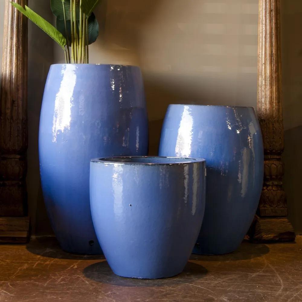 Vaso Vietnamita Cerâmica Importado Egg Planter Médio Azul Cobalto D48cm x A74cm