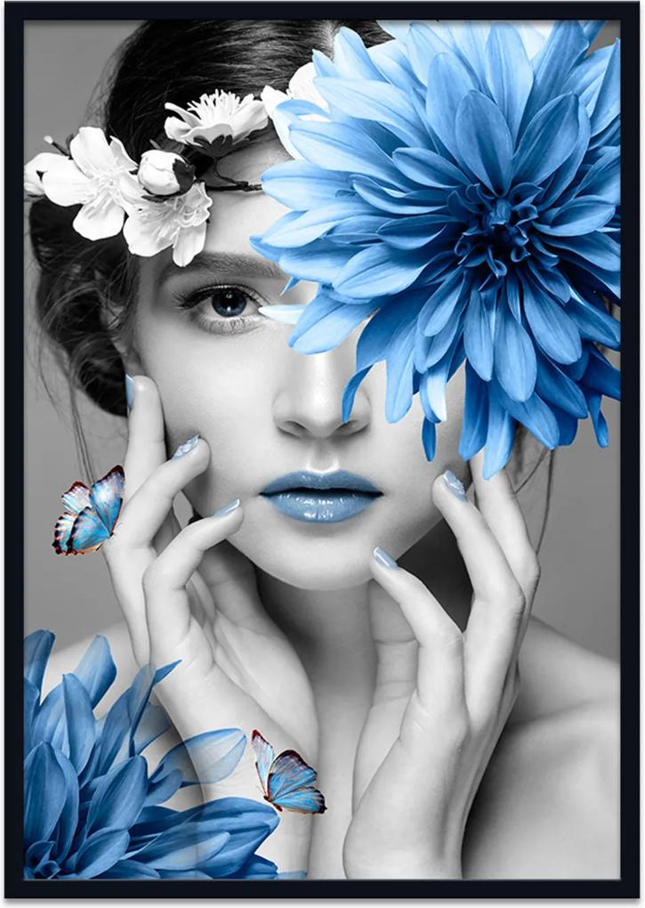 Quadro 60x90cm Judith Mulher com Flor Azul Nórdico Moldura Preta Com Vidro