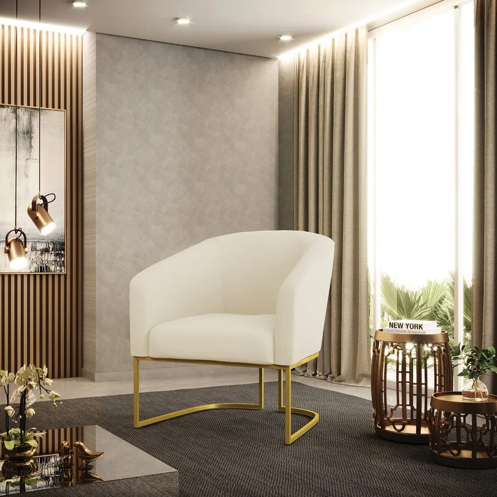 Poltrona Decorativa Industrial Dourado Stella Cotelê Int/Veludo D03 - D'Rossi - Off White