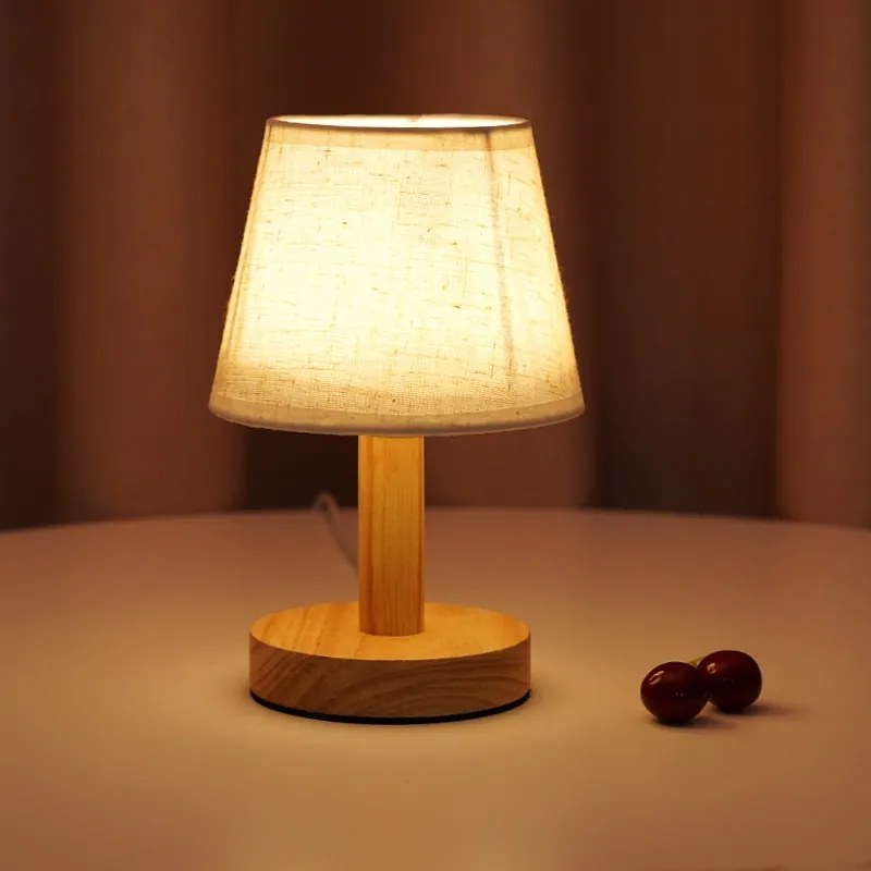 Abajur Lâmpada de cama led base madeira maciça decoração proteção para os olhos curto sono mesa luz estilo nórdico trigo forma sala leitura - Linho Bege - Branco Quente Regulável | Plugue usb