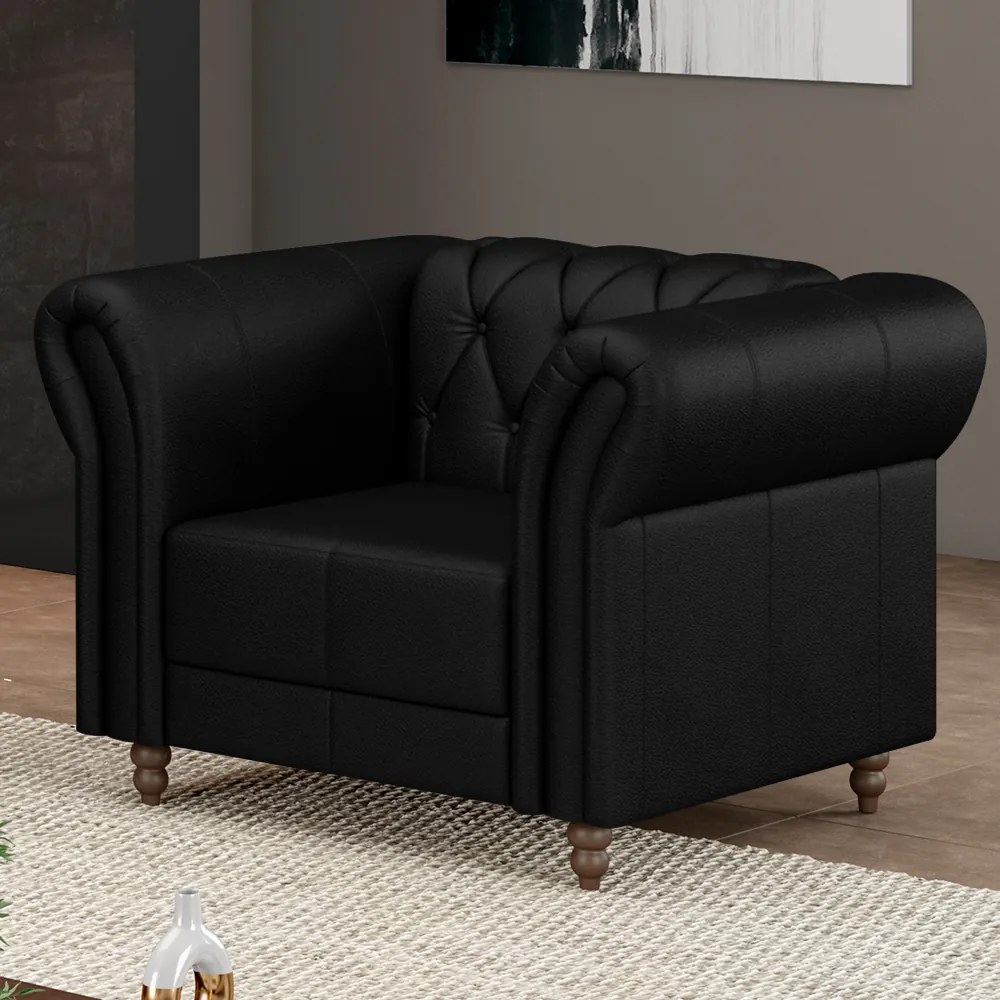 Poltrona Decorativa Sala de Estar Stanford Chesterfield Pés de Madeira Couro Preto Brilho G58 - Gran Belo