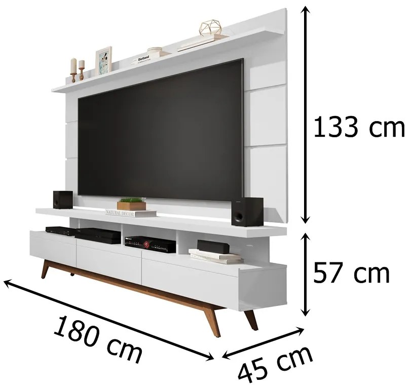 Rack C/ Painel Vivare 1.8 Wood Branco Acetinado-Germai Móvei