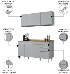 Armário de Cozinha Argélia e Balcão com Tampo 150cm Marrocos Cinza Cla