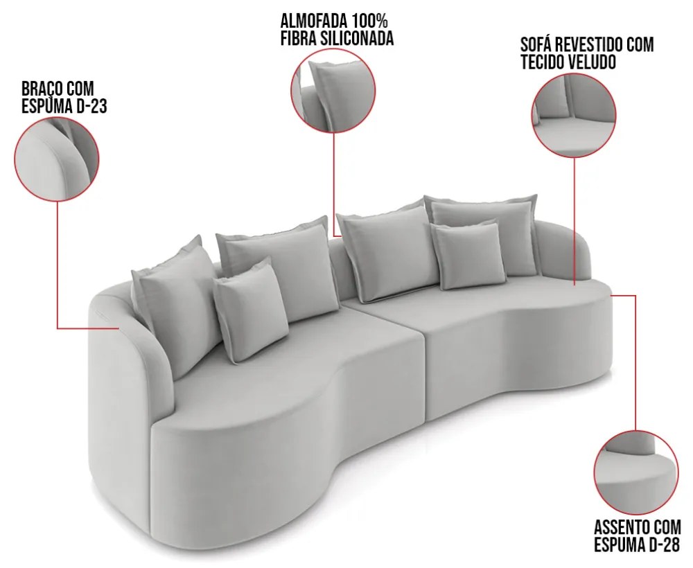 Sofá 5 Lugares Orgânico Living 290cm Mersa Veludo Cinza K01 - D'Rossi