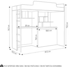 Cama Suspensa Juvenil Office com Nichos e Baú Concept S01 Grafite/Jato