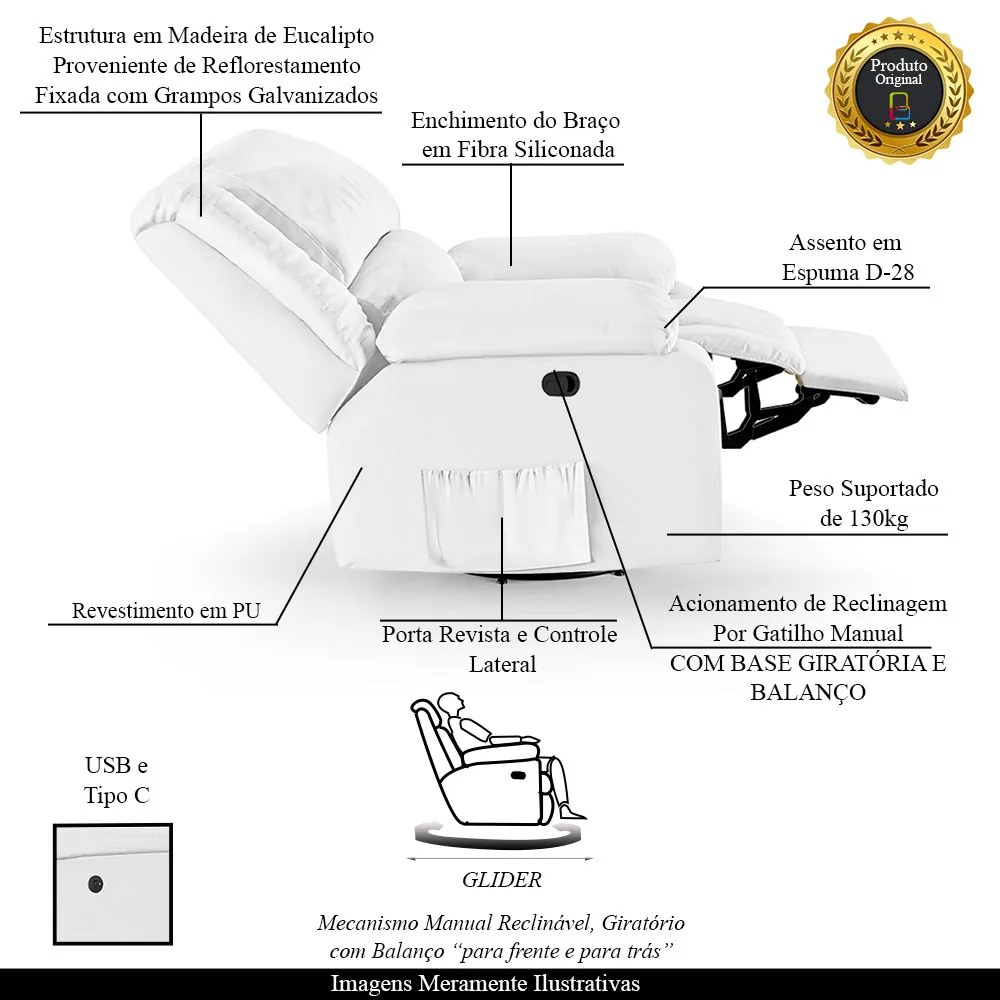 Poltrona do Papai Reclinável Melim Glider Giratória USB PU Branco FH1 - D'Rossi