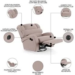 Poltrona do Papai Reclinável Kalie Glider Giratória USB FH9 Veludo Ros