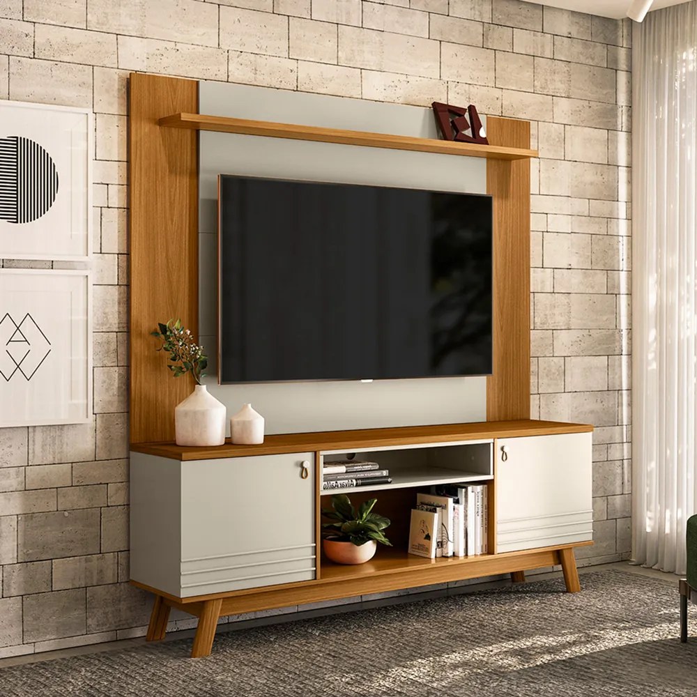 Conjunto Painel Extensível e Rack Tremonti/Cronos TV até 75 Polegadas Nature/Off White G77 - Gran Belo