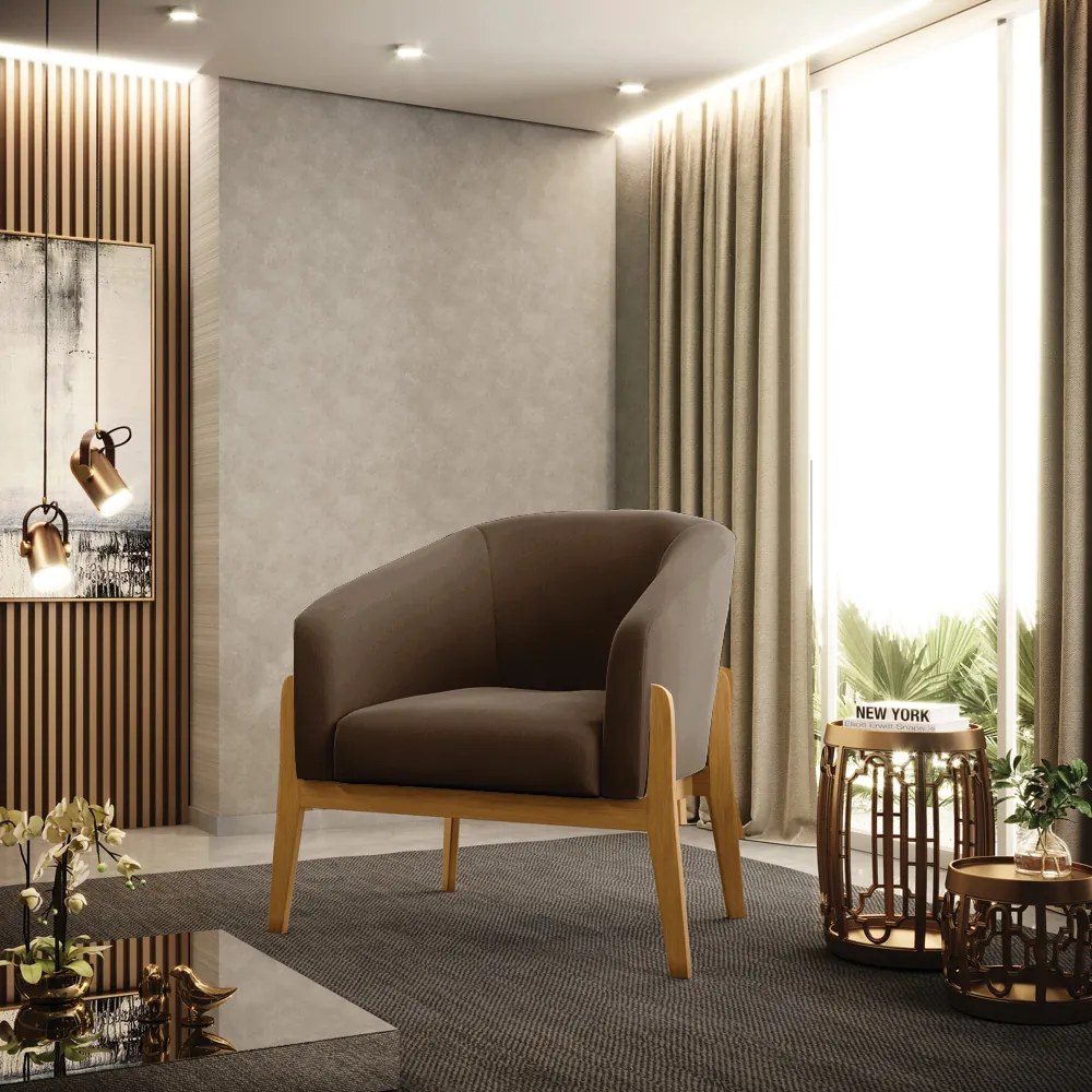 Poltrona Decorativa Base de Madeira kit 2 Stella Suede Marrom D03 - D'Rossi