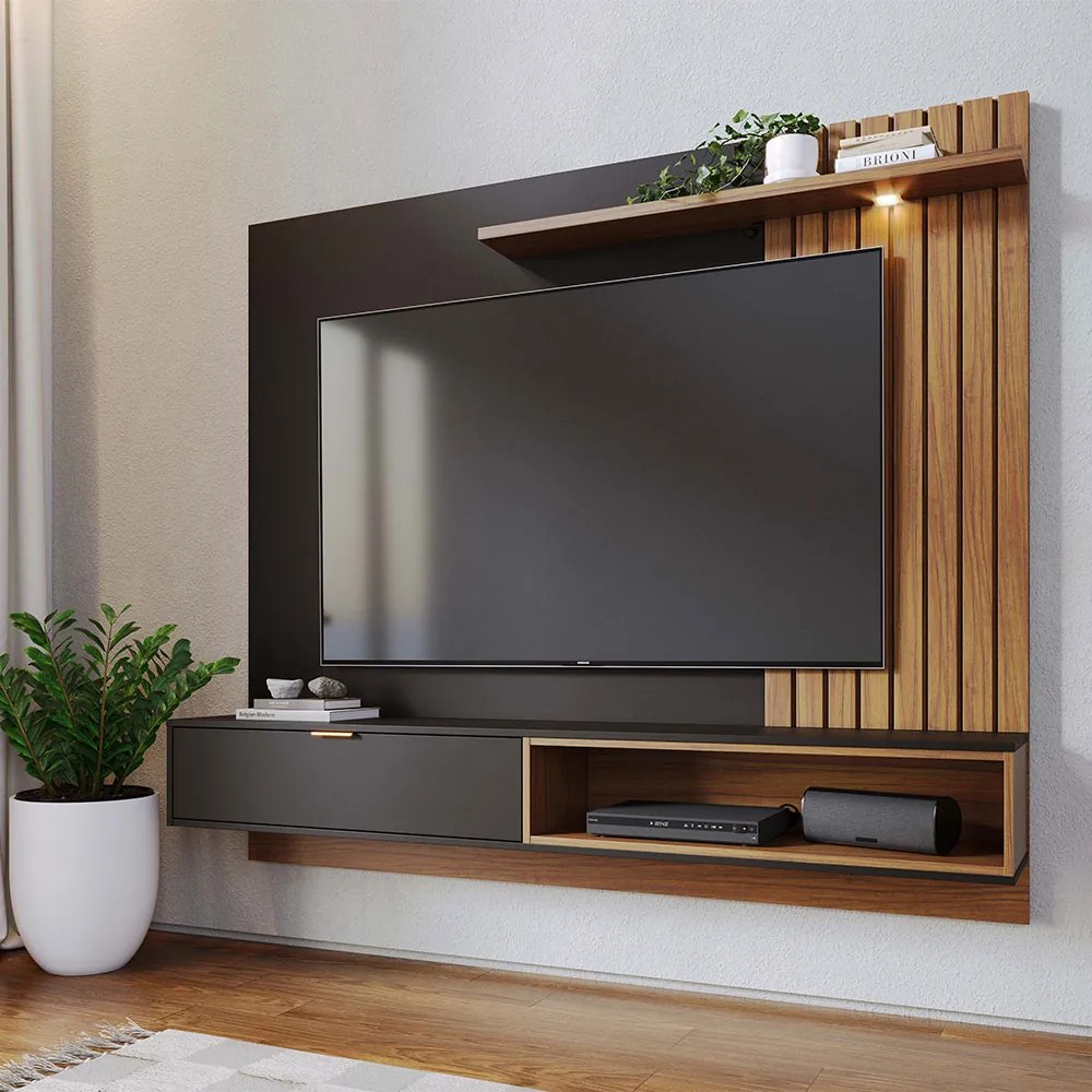 Painel TV 65 Pol 180cm Bancada Suspensa Zurique Preto Fosco/Noce Milano C04 - D'Rossi
