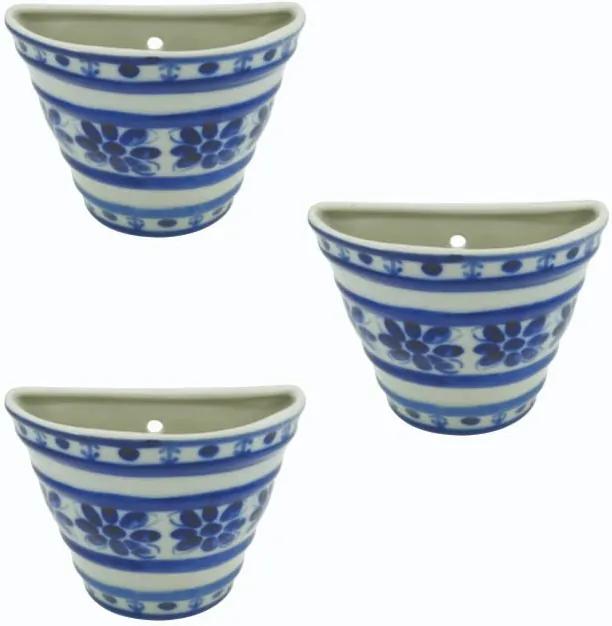 Conjunto 3 Vasos Cachepot de Parede em Porcelana Azul Colonial 10 cm