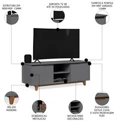 Rack para Sala Bancada de TV 55 Pol 139cm Flow Cinza - EJ Móveis