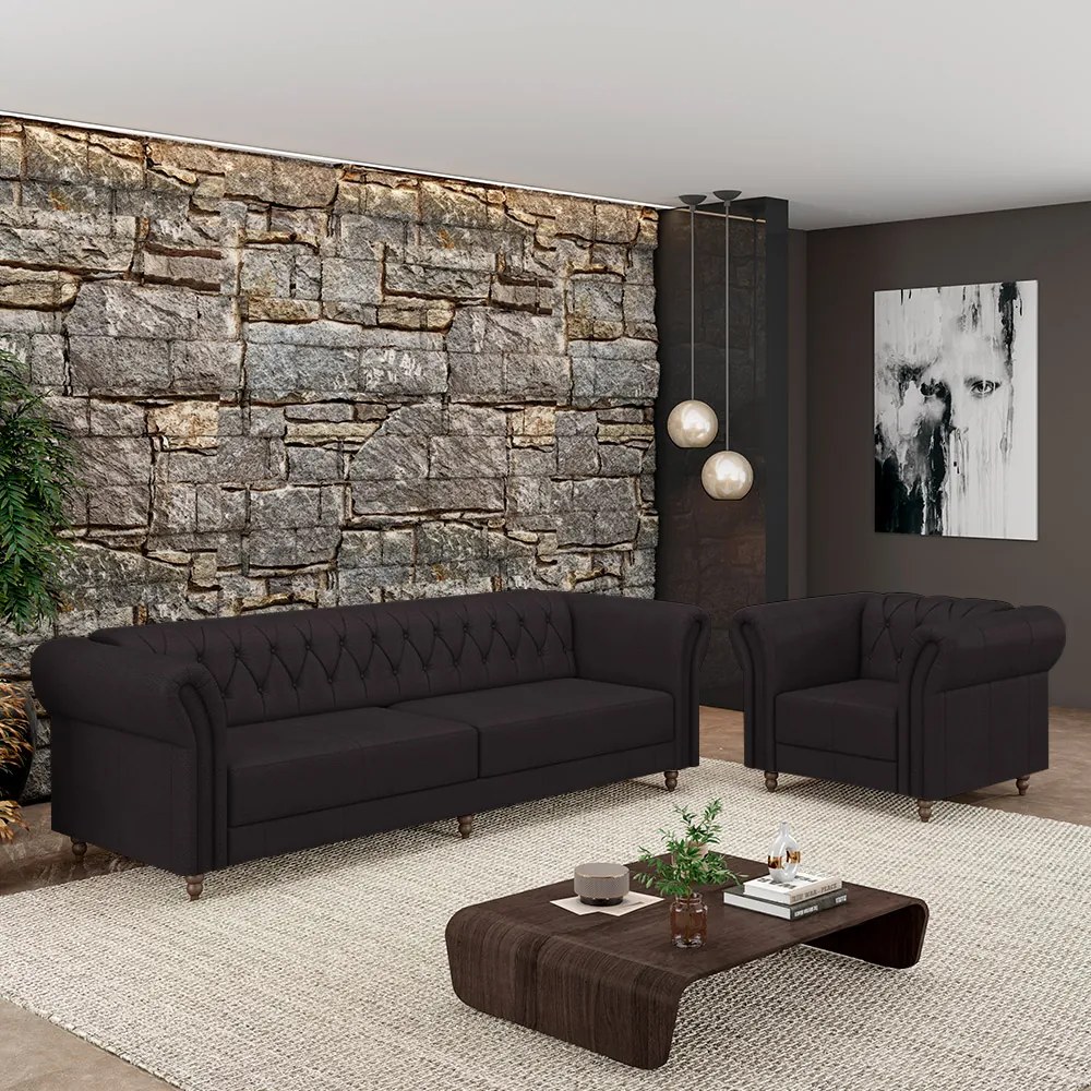 Conjunto Sala de Estar 1 Sofá Living 260cm e 1 Poltrona Stanford Chesterfield Pés Madeira Couro Borgonha G58 - Gran Belo