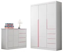 Jogo de Quarto Infantil Guarda Roupa e Cômoda Lilly P04 Branco/Rose -