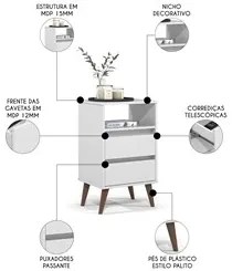 Mesa de Cabeceira Pés Retrô 2 Gavetas 43cm Roma Branco - EJ Móveis