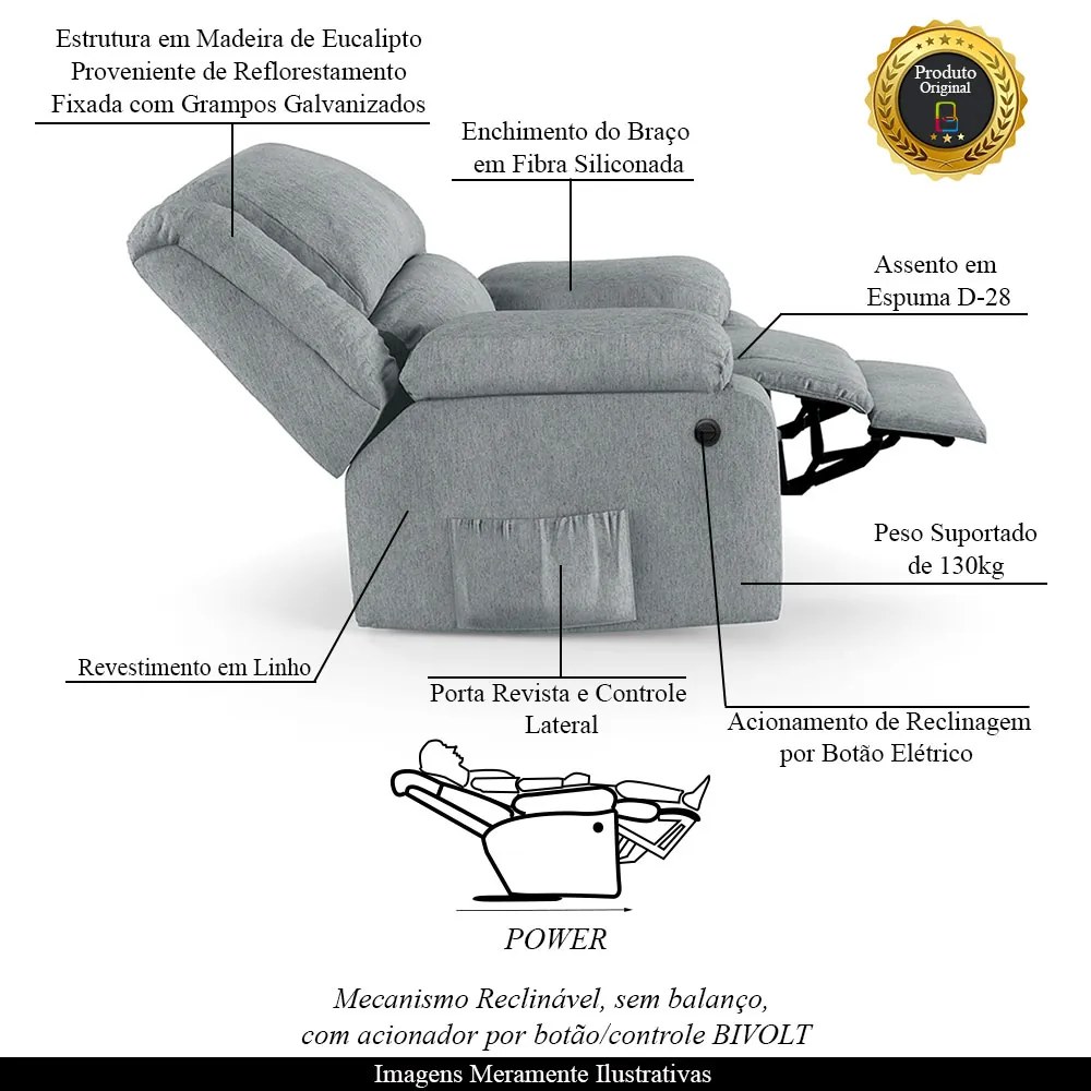 Poltrona do Papai Reclinável Melim Power Elétrica Linho Cinza FH1 - D'Rossi