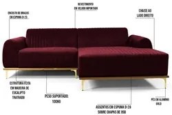 Sofá 300cm 5 Lugares com Chaise Direito Pés Gold Molino C-278 Veludo M