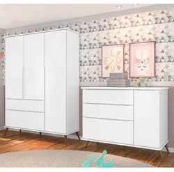 Jogo De Quarto Infantil Guarda Roupa e Cômoda 100% MDF P04 Mel Branco