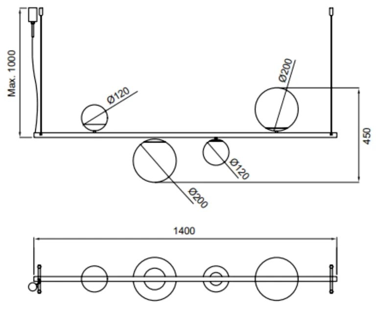 Pendente Organic Horizontal 20X10X140Cm Alumínio E Globo Ø12Cm / Ø20Cm... (FN-F - Fendi Fosco)
