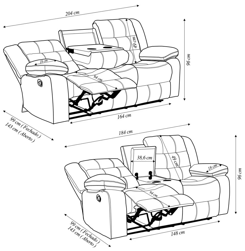 Conjunto Poltronas 2 e 3 Lugares Reclinável Manual Hollywood Aquecimento Massagem PU Caramelo G94 - Gran Belo