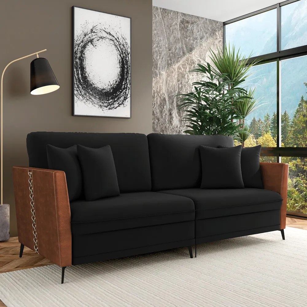 Sofá 2 Lugares Living 182cm Mondaí Sintético Marrom/Veludo K01 - D'Rossi - Preto