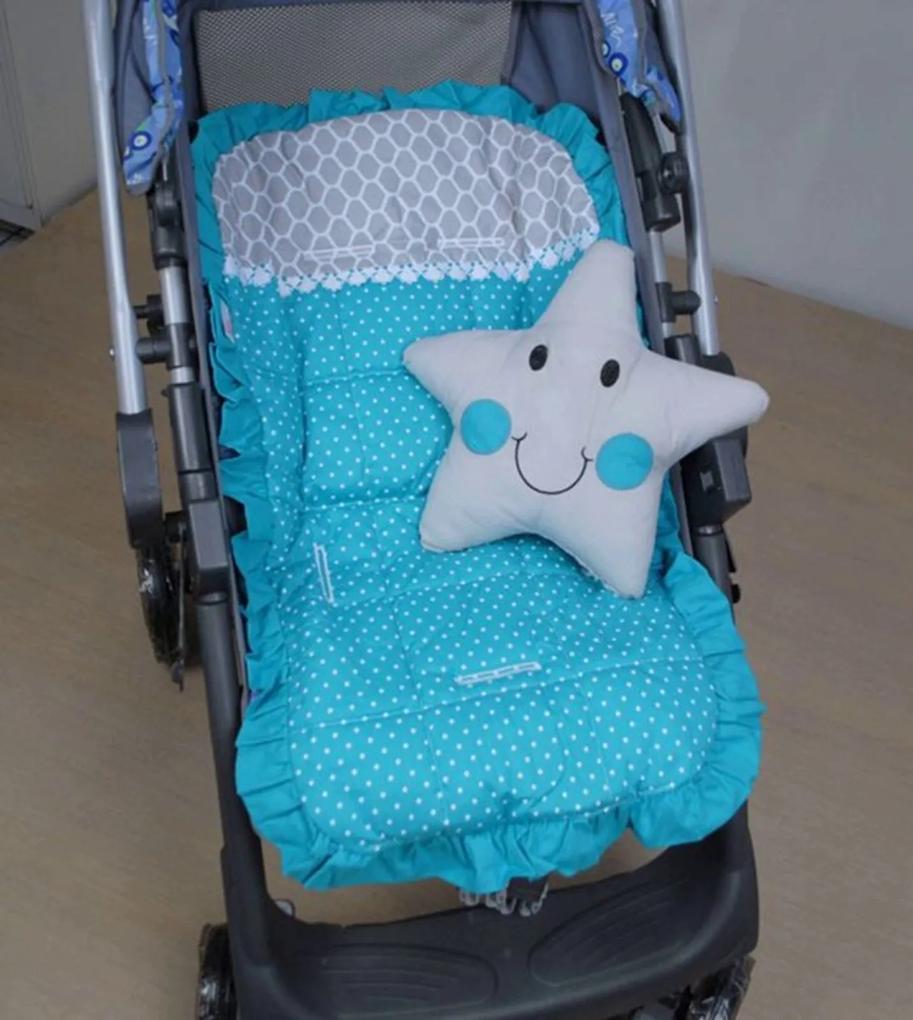 Capa de Carrinho de Bebê Azul com Almofada Estrela - 2 peças