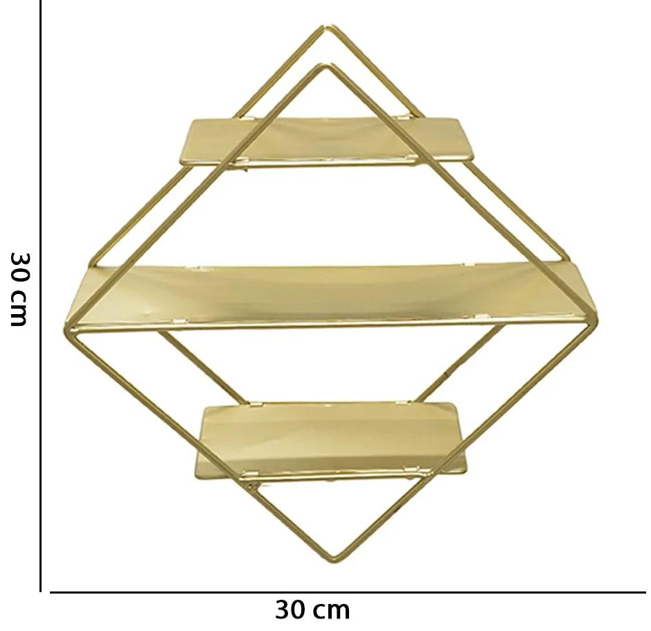 Estante Decorativa Geométrica Metálica com Suportes de Madeira Dourado 30X30X10 cm D'Rossi