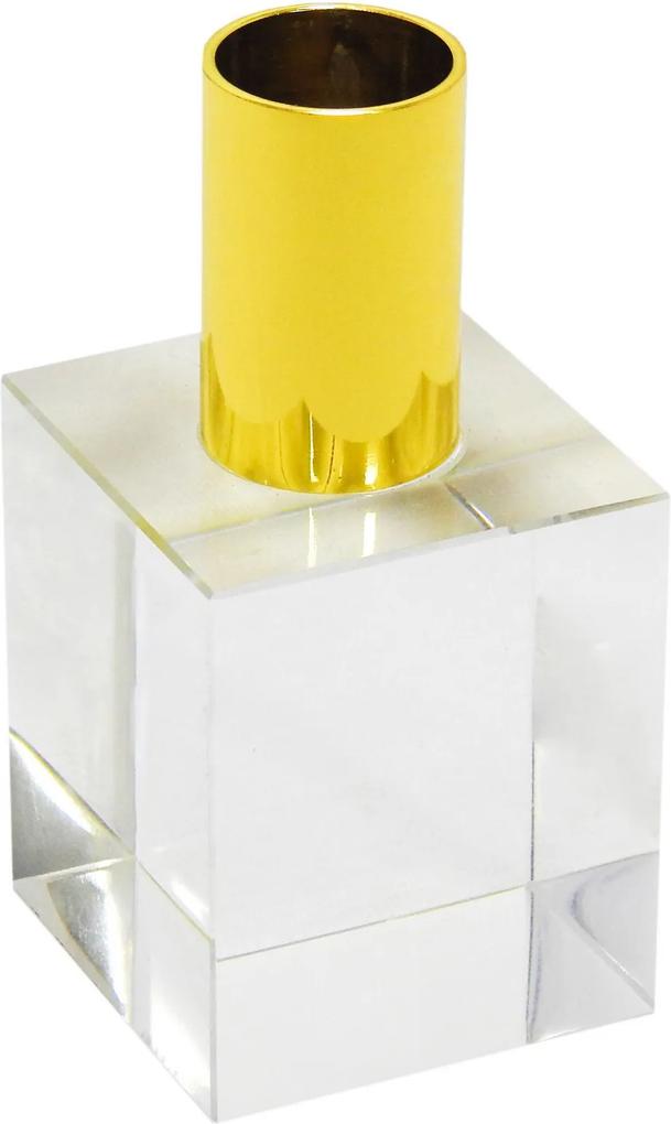 Castiçal Decorativo em Cristal Transparente com Detalhe em Metal Dourado - 10x05cm