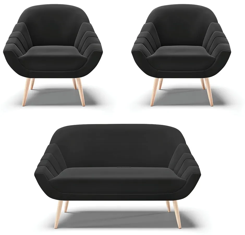 Kit 01 Namoradeira 02 Lugares e 02 Poltronas Giovana Suede Preto Pés Palito Natural - D'Rossi