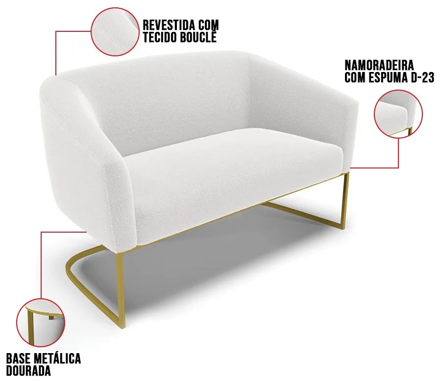 Namoradeira e 2 Poltronas Industrial Dourado Stella Bouclê D03 - D'Rossi - Off White