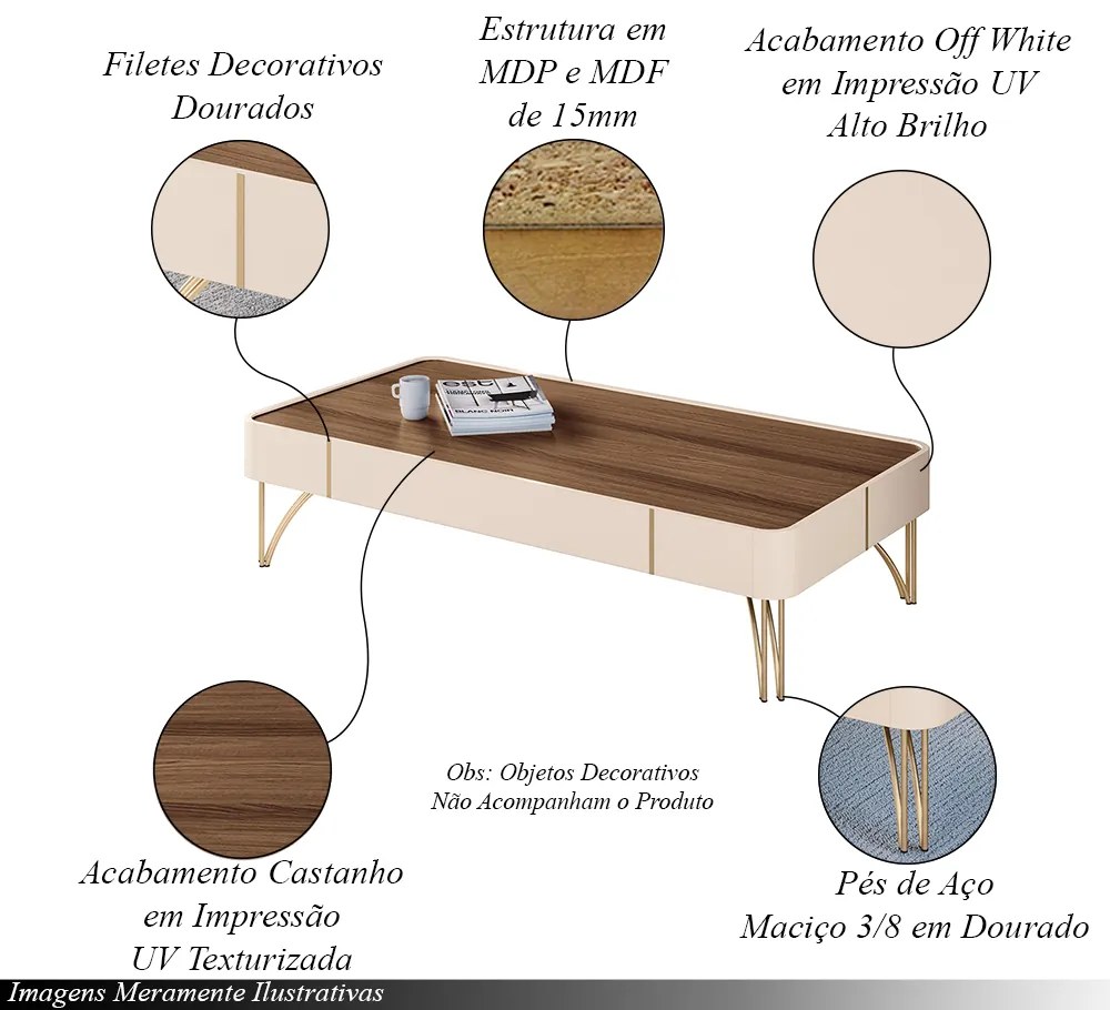 Mesa de Centro Decorativa Cadenza Pés de Aço MDP/MDF Off White/Castanho G26 - HB Móveis