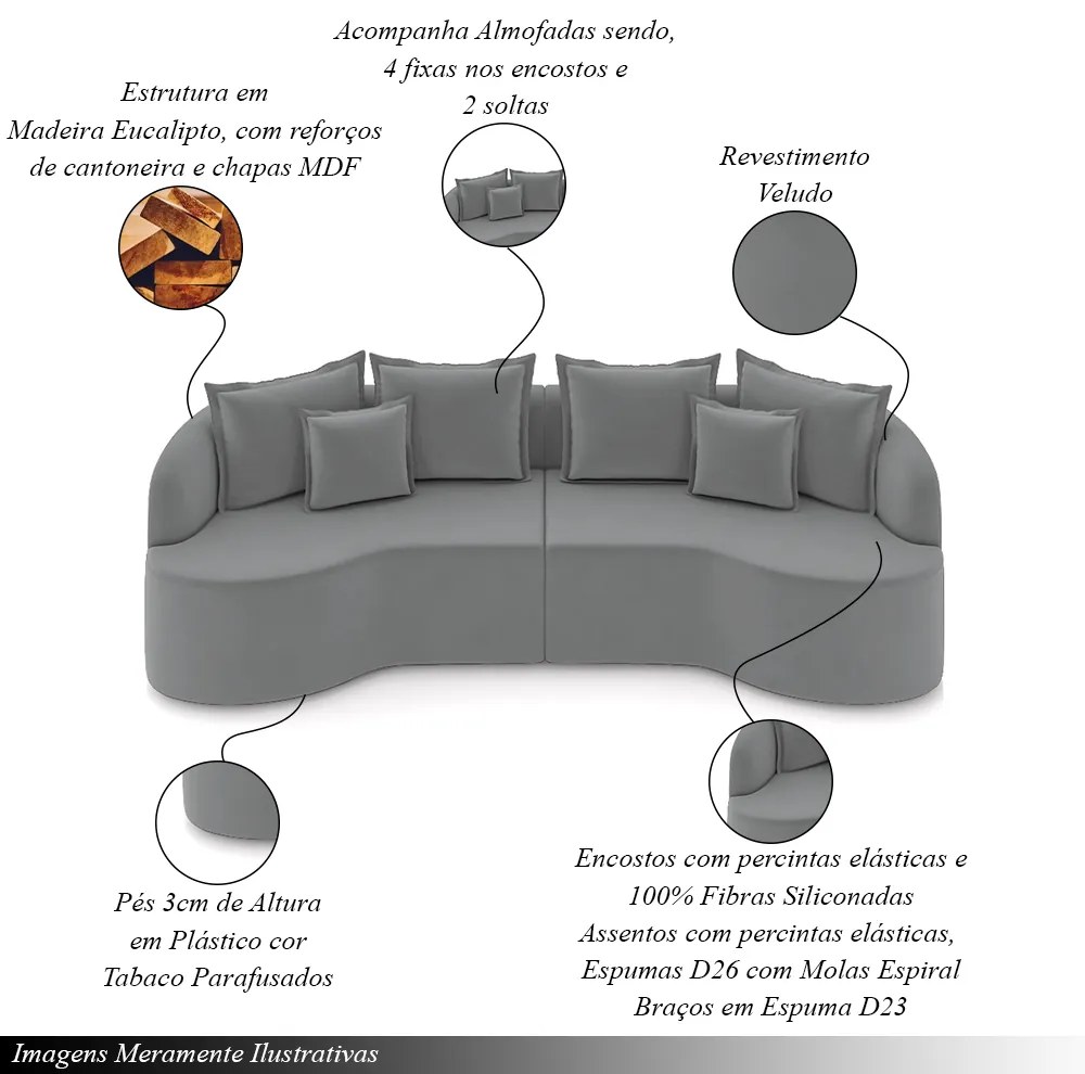 Sofá Living Decorativo Salinas 4 ou mais Lugares com Almofadas 290cm Modulado Veludo Cinza G33 - Gran Belo