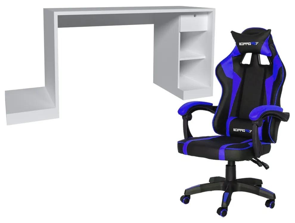 Conjunto PlayerXTreme Mesa Branco Texturizado e Cadeira Gamer Azul - Gran Belo