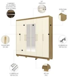 Guarda Roupa Casal 223cm Com Espelho Pernambuco Nature/Champanhe - Vil