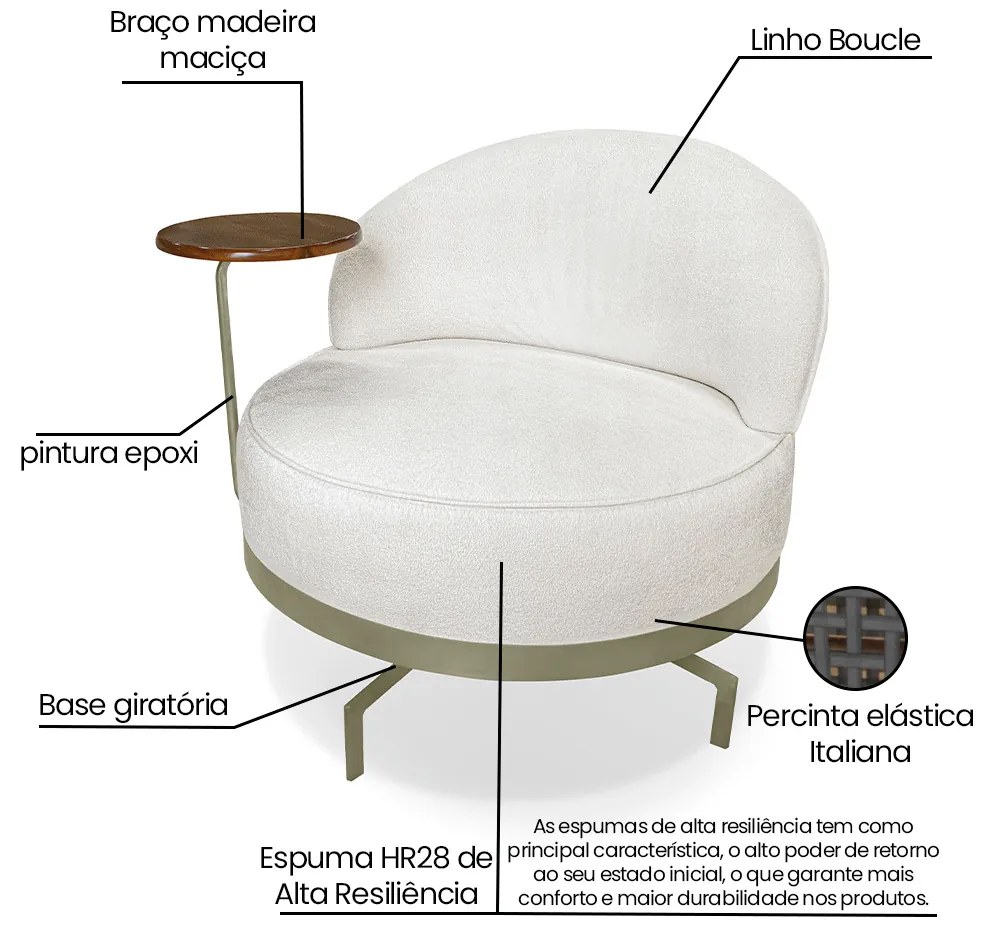 Poltrona Sala de Estar Base Giratória Dourada Aura Bouclê Off White S04 - D'Rossi