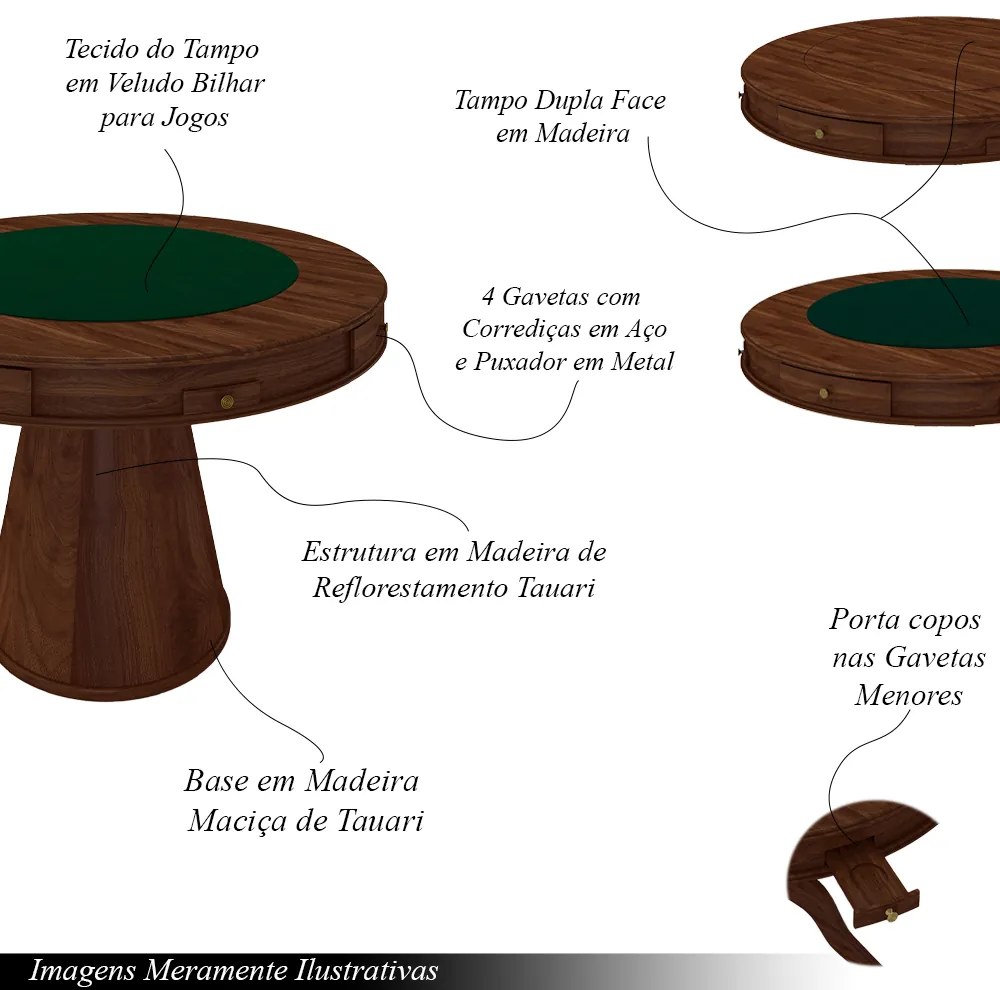 Conjunto Mesa de Jogos Carteado Bellagio Tampo Reversível Verde e 4 Cadeiras Madeira Poker Base Cone Linho OffWhite/Imbuia G42 - Gran Belo