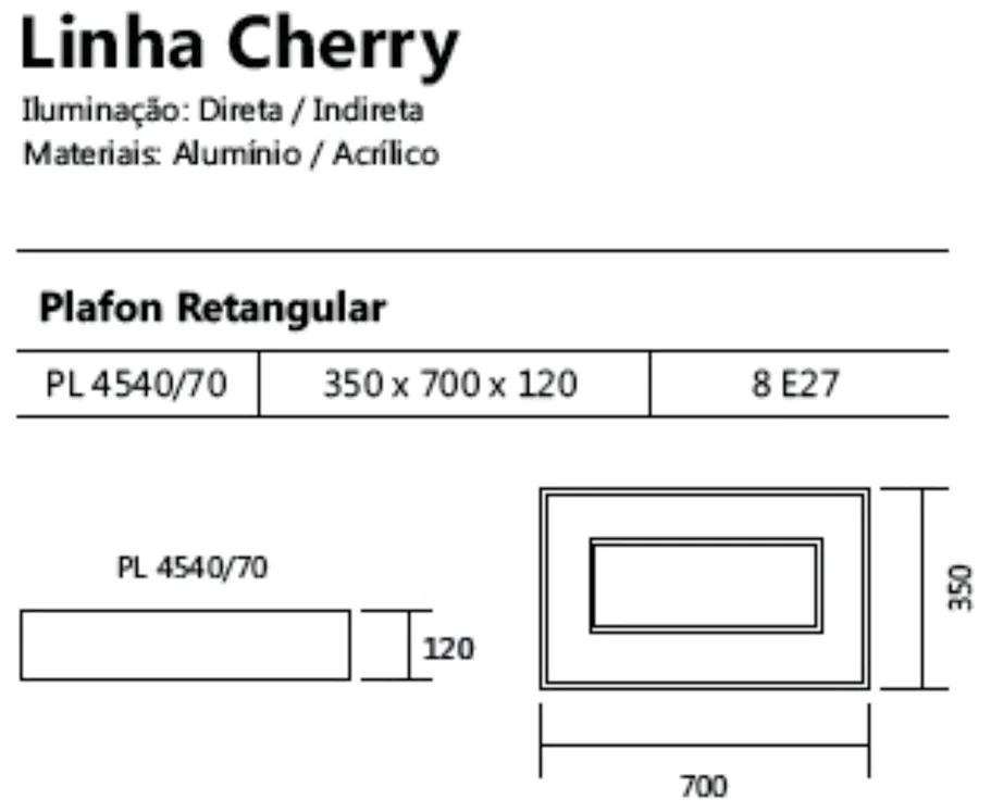 Plafon De Sobrepor Retangular Cherry 8L E27 35X70X12Cm | Usina 4540/70 (AV-M - Avelã Metálico)
