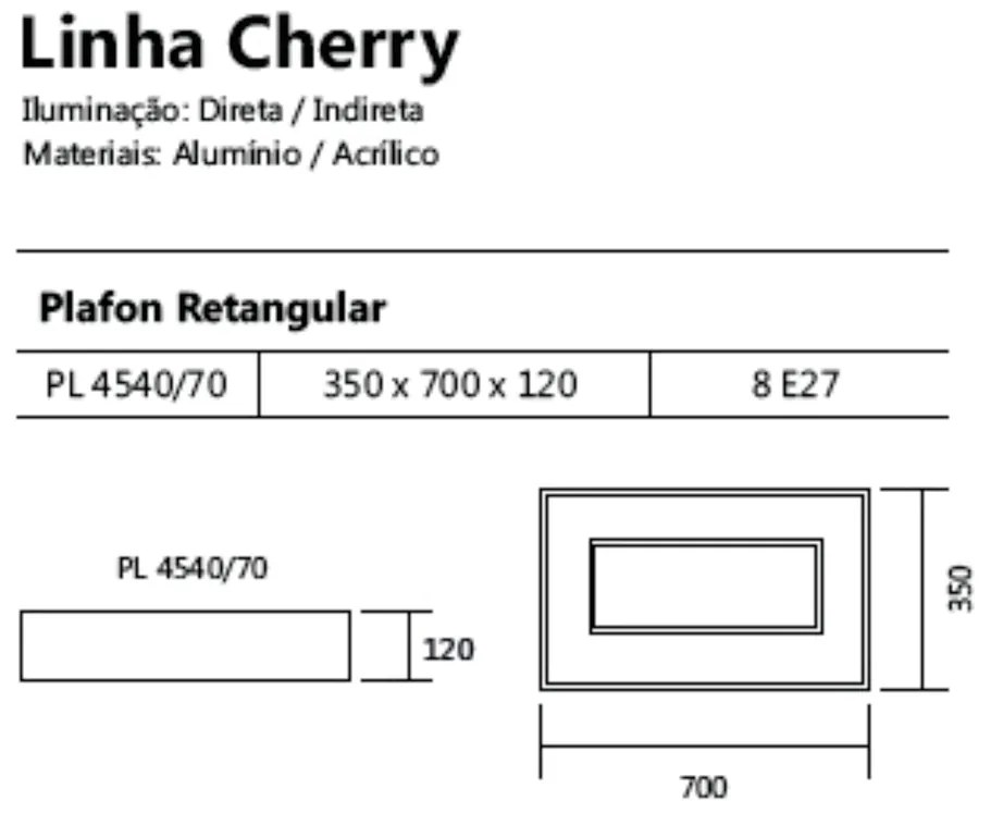 Plafon De Sobrepor Retangular Cherry 8L E27 35X70X12Cm | Usina 4540/70 (FN-F - Fendi Fosco)