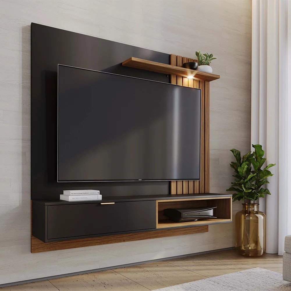 Painel TV 60 Pol 160cm Bancada Suspensa Zurique C04 - D'Rossi - Preto Fosco e Noce Milano