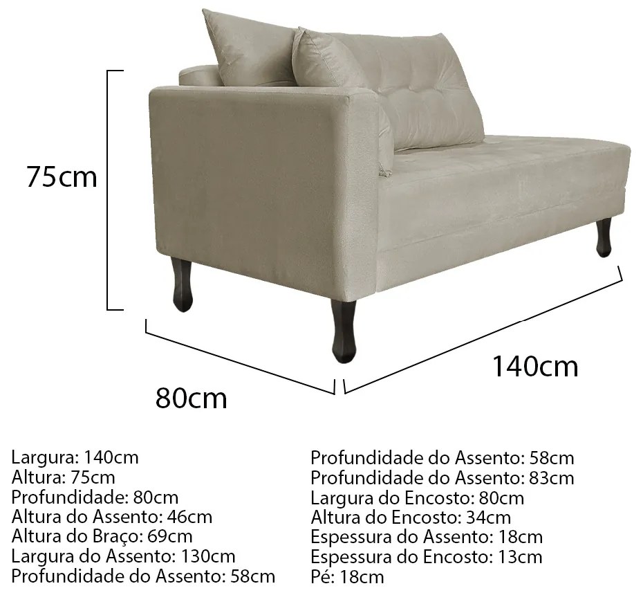 Kit Diva Recamier Azura 140cm Lado Direito e 02 Poltronas Classic Linho - ADJ Decor