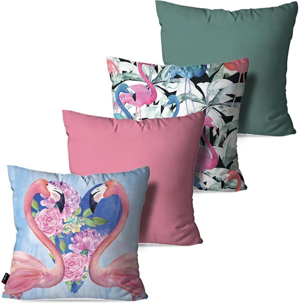 Kit Com 4 Capas Para Almofadas Pump Up Decorativas Rosa Love Flamingos E Flores 45X45Cm