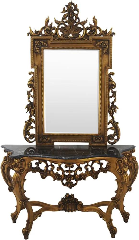 Aparador Escuro Dourado com Marmore Linha Soffie Espelho Circular Luis XV - 234x150x56cm